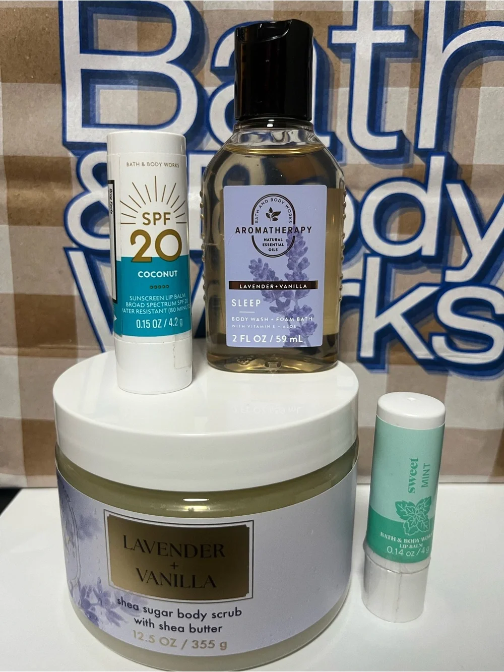 Bath & Body Works Lavender Vanilla Shea Sugar Body Scrub body care and lip set